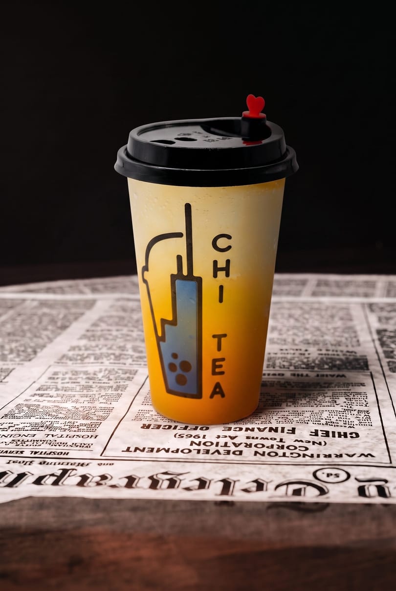 CHI TEA bubble tea cup with a yellow-orange drink and red heart stopper sits on a newspaper.